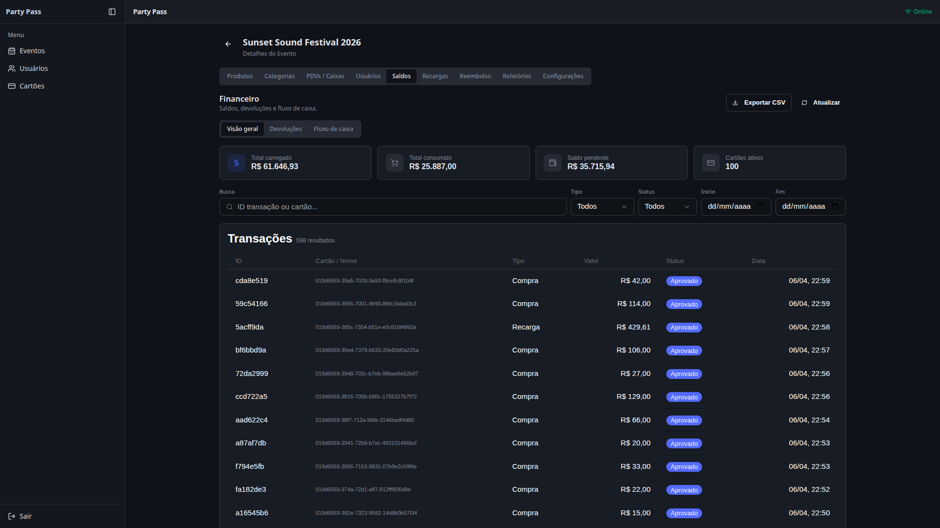 Tela financeira com últimas transações e saldos